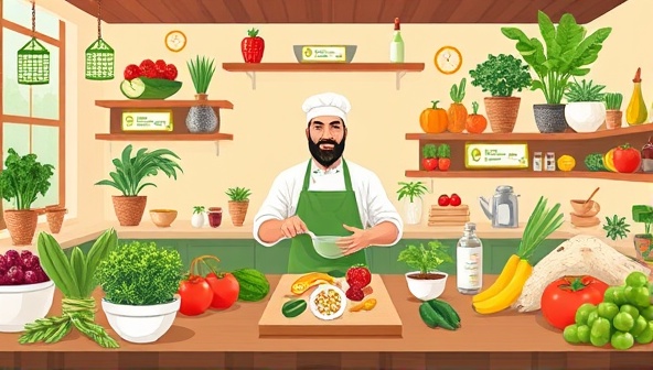 A vibrant digital illustration featuring a virtual cooking class setting with a chef demonstrating plant-based cooking techniques, surrounded by fresh produce, culinary tools, and recipe cards, creating a colorful and inviting atmosphere that captures the essence of GreenEats Academy's online cooking classes.