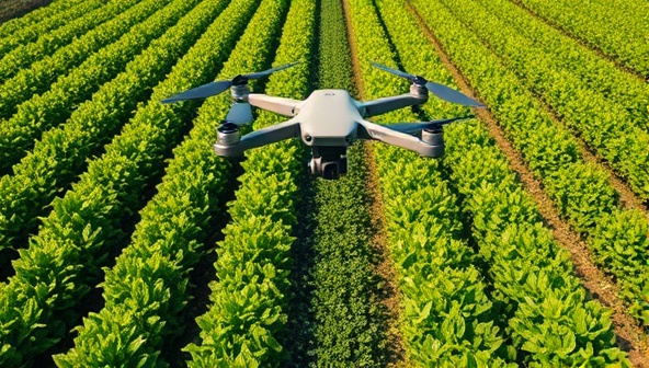 An aerial shot of a lush farm field with a drone hovering above, capturing detailed crop images, showcasing the advanced technology and precision capabilities of agricultural drone services in optimizing crop management practices.