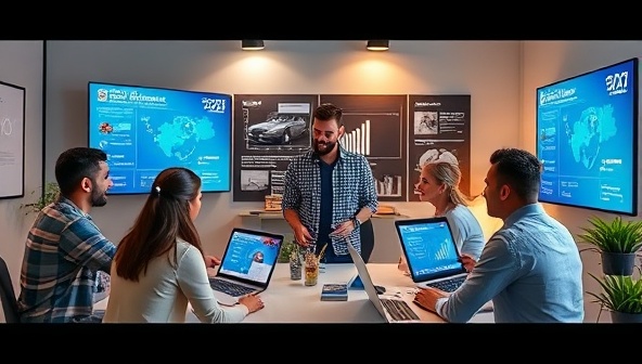 An engaging virtual marketing consultancy setting with a team brainstorming on digital marketing strategies, analyzing data on screens, and creating visually appealing social media content, reflecting a dynamic and innovative approach to online marketing strategy.