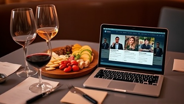 An elegant virtual food and wine pairing setup featuring a beautifully arranged charcuterie board, wine glasses, tasting notes, and a laptop displaying a live sommelier-led pairing session, creating a sophisticated and immersive dining experience for participants.