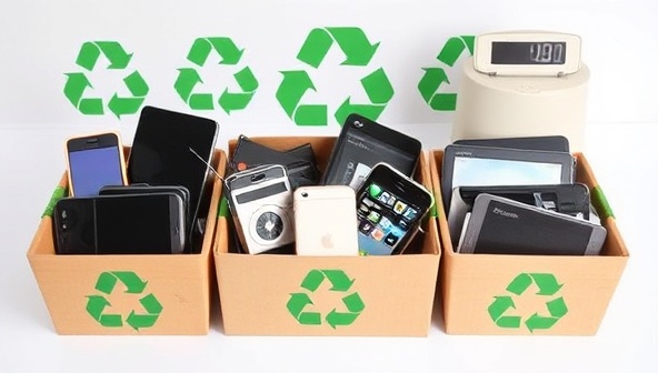An array of old electronic devices like smartphones, laptops, and tablets being collected in eco-friendly containers, with green recycling symbols and a digital scale in the background, emphasizing the eco-friendly and tech-savvy approach of the business.