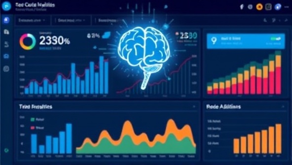 An advanced AI-powered dashboard displaying real-time social media analytics and insights, with graphs and charts showing audience engagement metrics, symbolizing the platform's cutting-edge technology and data-driven approach, overlaid with a brain icon representing intelligence and analysis.