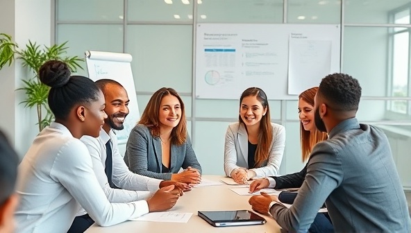 A diverse group of professionals engaging in a workshop on diversity and inclusion led by a consultant, with interactive activities and open discussions, showcasing the consultancy's commitment to fostering inclusive and harmonious work environments.