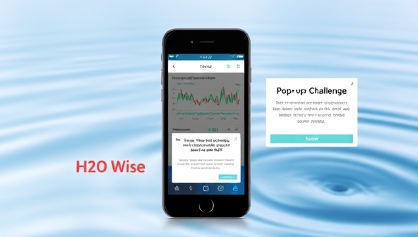 A smartphone displaying the H2O Wise app interface with colorful graphs showing water usage trends, a leak detection notification, and a pop-up challenge encouraging users to reduce their water consumption, set against a backdrop of a serene water conservation theme.