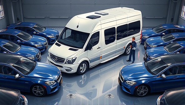 An artistic rendering of a luxurious mobile detailing van surrounded by gleaming cars, with technicians meticulously working on the vehicles, capturing the essence of premium car care and convenience.