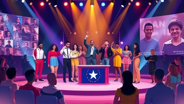 An artistic digital illustration of a diverse group of performers showcasing their talents on a virtual stage, with judges providing feedback and audience reactions visible in a virtual chat, creating a dynamic and engaging online talent show experience.