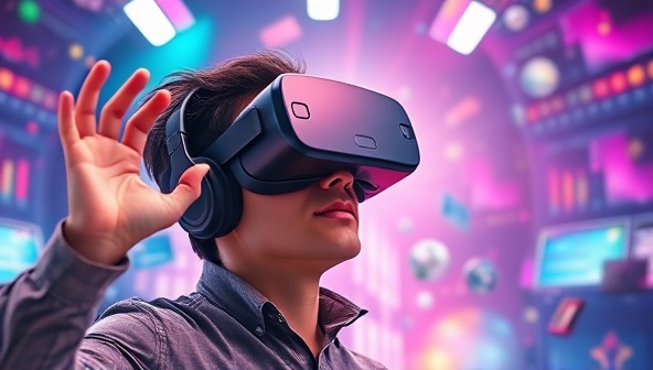 An exciting visual representation of a person wearing a VR headset, exploring a vibrant and dynamic virtual web design environment, with floating website elements and interactive tools, capturing the essence of creativity and innovation in VR web design showcases.