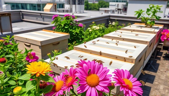 A vibrant rooftop garden with busy bees buzzing around lush flowers and hives, capturing the harmony of urban beekeeping and pollination promoted by BeeCity Hives' sustainable services.