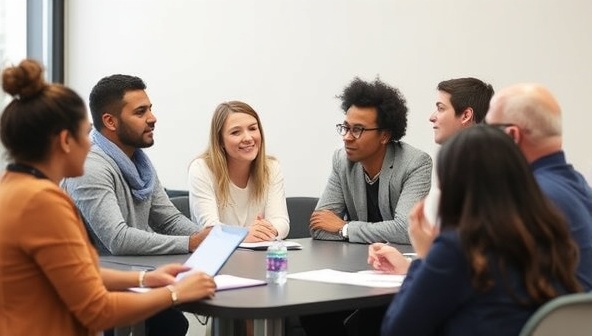 A diverse group of professionals from different backgrounds engaging in a training session, exchanging ideas, and embracing cultural diversity, reflecting the inclusive and collaborative atmosphere fostered by Unity Spectrum's training programs.