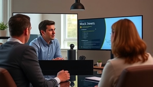 An online video call scene with a coach conducting a mock interview with a client, providing feedback and tips on a split-screen interface, demonstrating the interactive and personalized nature of the remote interview coaching service offered by InterviewPro.