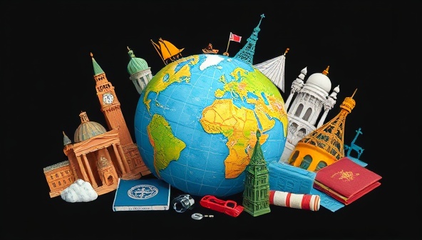 A colorful, artistic illustration of a globe surrounded by miniature iconic landmarks and travel-related items like a passport, camera, and compass, evoking a sense of wanderlust and adventure.