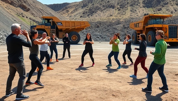 An outdoor fitness session at a mining site, with employees engaging in group exercises led by MineFit trainers, surrounded by nature and mining equipment, promoting a healthy and active lifestyle in the mining industry through MineFit Wellness Solutions.
