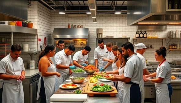 A bustling shared kitchen space filled with diverse food entrepreneurs collaborating and creating culinary delights, with chefs working side by side in a vibrant and supportive environment, fostering innovation and community spirit within the KitchenCollab Hub.