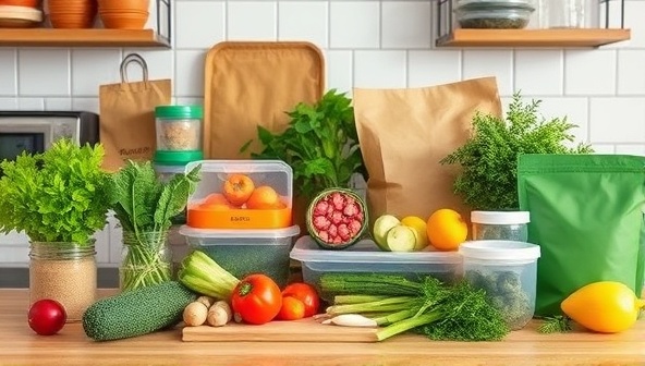 An artistic display of reusable containers, fresh produce, and sustainable packaging materials arranged in an eco-friendly kitchen setting, highlighting the essence of green living and conscious consumption in meal preparation.