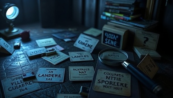 An intriguing visual depiction of a mysterious crime scene with scattered clues, evidence markers, and a magnifying glass, set against a backdrop of shadowy lighting and suspenseful music, evoking the thrill of solving a murder mystery from home.