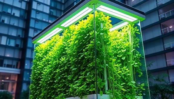 An urban setting with a sleek vertical farm structure filled with vibrant green plants under artificial lighting, symbolizing innovation and sustainability in food production.