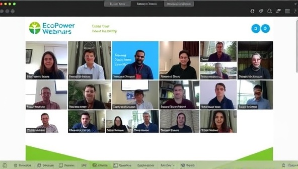 An online webinar interface featuring EcoPower Webinars branding, with a diverse group of attendees engaging in discussions on renewable energy, climate action, and sustainability, showcasing a collaborative and informative virtual learning environment.