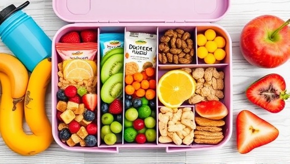An assortment of colorful, wholesome snacks neatly arranged in individual compartments of a snack box, surrounded by fresh fruits and a water bottle, showcasing a balanced and nutritious snacking experience that supports an active and healthy lifestyle.