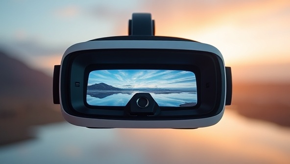An immersive VR headset displaying a tranquil virtual environment with calming visuals and relaxing sounds, illustrating the therapeutic potential of MindScapeVR in providing mental health support and relief through innovative technology.