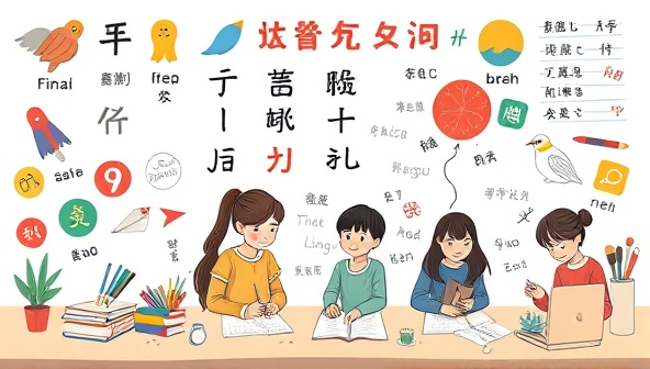 An educational illustration featuring diverse language symbols and writing tools, with multilingual learners engaging in writing exercises and language practice, highlighting the immersive and interactive nature of the language-specific writing courses offered by WriteLingo Courses.