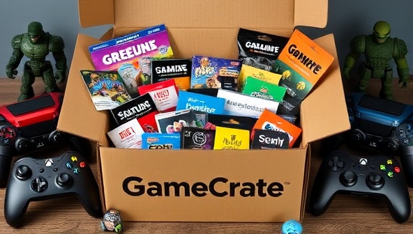 An array of colorful and enticing gaming merchandise items neatly arranged in a branded box, surrounded by gaming controllers and action figures, evoking the joy and surprise of unboxing a GameCrate subscription box.