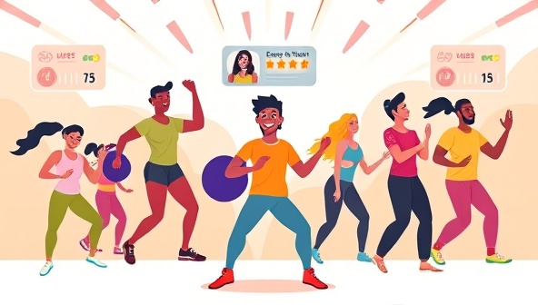 An energetic and colorful illustration of diverse individuals engaging in virtual workouts, earning points, and unlocking achievements on their fitness journey, radiating positivity and motivation.