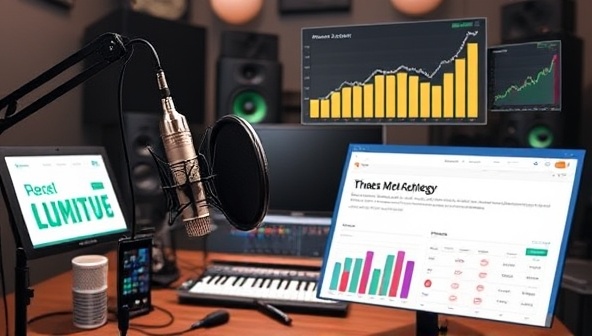 An engaging visual representation of a podcast studio setup with microphones, headphones, and recording equipment, overlaid with digital elements like revenue graphs, audience engagement metrics, and monetization strategies, symbolizing the fusion of creativity and profitability in podcasting with PodProfits' monetization platform.