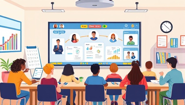 A dynamic digital illustration featuring a virtual classroom setting on SmartTutor Connect, with a diverse group of students engaging with tutors through interactive whiteboards, video conferencing, and educational resources, highlighting the platform's interactive and engaging learning environment.