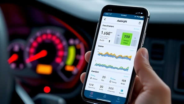 A smartphone displaying the AutoInsight app interface with colorful graphs and data visualizations showing a car's performance metrics, next to a dashboard with an illuminated check engine light, showcasing real-time monitoring and diagnostic features.