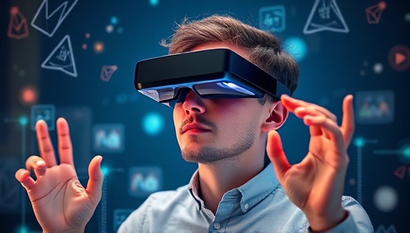 An imaginative scene of a client using AR glasses to view and interact with a holographic representation of their website design, surrounded by virtual design elements floating in the air, symbolizing the immersive and futuristic design experience offered by AR Design Vision.