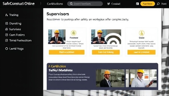 An e-learning platform interface for SafeConstruct Online displaying interactive safety training modules, quizzes, and certification options, with construction workers and supervisors engaging in virtual safety training sessions, highlighting a commitment to workplace safety and compliance.