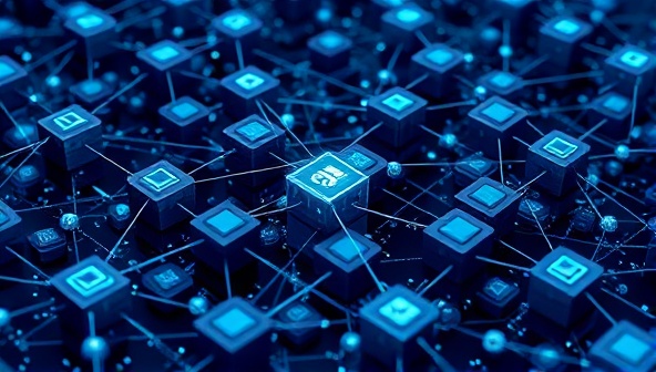 An intricate network of interconnected blocks representing blockchain technology, with financial data flowing securely between them, symbolizing trust, security, and transparency in accounting processes.