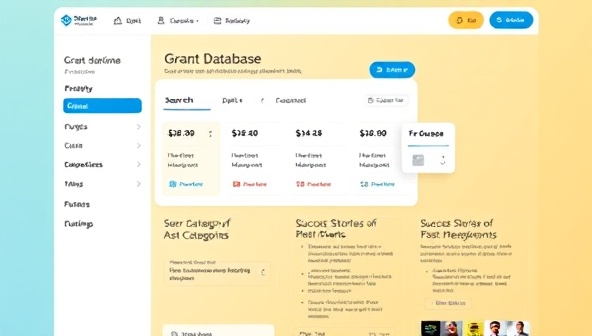 An online platform showcasing a user-friendly interface of the grant database, with search filters, grant categories, and success stories of past recipients, conveying accessibility and opportunity.