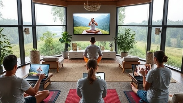 A serene virtual retreat setting with participants engaged in yoga poses, meditation sessions, and wellness workshops on their screens, surrounded by calming nature views and tranquil decor, capturing the essence of relaxation and rejuvenation at ZenZone Retreats.