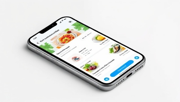 A sleek mobile app interface showing personalized health recommendations with vibrant visuals of healthy foods and exercise routines, creating a futuristic and user-friendly impression.
