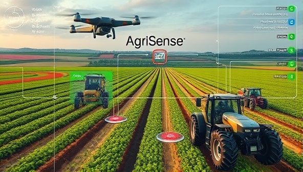 A futuristic visualization of a farm landscape with interconnected sensors, drones, and machinery working autonomously, controlled by the AgriSense farm management software displayed on a digital dashboard, illustrating the efficiency and innovation of automated agricultural operations.