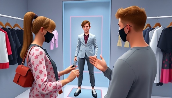 An engaging visual of a gamer using the StyleQuest AI app to customize their virtual avatar with trendy fashion items, experimenting with different styles and accessories in a virtual fitting room environment, highlighting the app's AI-powered styling features and customization options.