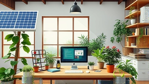 An artistic representation of a website design studio powered by solar panels, with recycled materials and green plants adorning the workspace, conveying a harmonious blend of technology and nature in GreenWebCraft's sustainable approach.