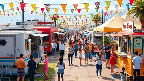 A vibrant and bustling virtual food truck rally scene on RoamingFeast, featuring colorful food trucks, live music performances, and animated attendees exploring the virtual stalls and interacting with vendors, capturing the festive and energetic atmosphere of a food truck rally.