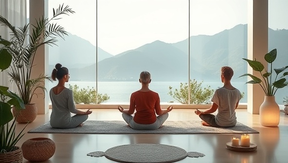 A tranquil and serene visual of a virtual meditation session, with participants practicing mindfulness and relaxation techniques in a peaceful virtual environment surrounded by calming nature elements and soothing ambient sounds, evoking a sense of tranquility and inner peace within the virtual retreat membership.