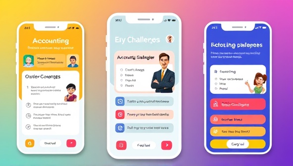An interactive visual of the AccoPlay Academy app interface showcasing colorful accounting challenges and quizzes with animated characters guiding users through accounting concepts and exercises, creating a playful and immersive learning environment for users.