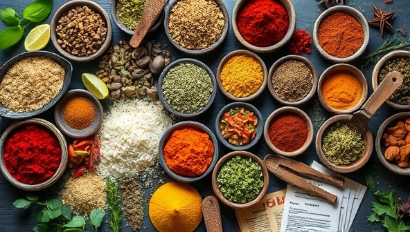 A diverse selection of colorful spices and herbs arranged in small bowls, accompanied by blending tools and recipe cards, with a spice expert leading a virtual masterclass on creating custom spice blends, conveying a sense of culinary artistry and cultural exploration.