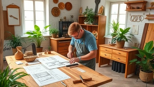 An artisan at work in a beautifully renovated room, meticulously crafting custom wooden furniture with hand tools, surrounded by design sketches, vintage decor pieces, and lush green plants, showcasing the artistry and dedication of CraftRevive's renovation services.