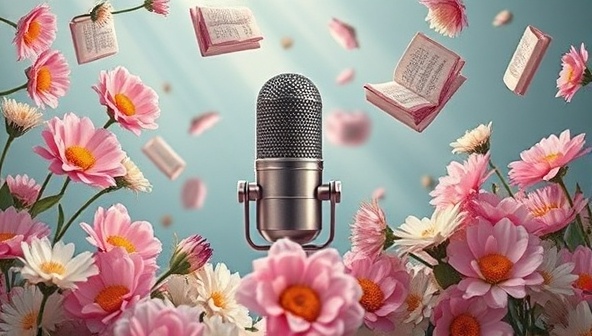An artistic visualization of a microphone surrounded by blooming flowers and floating poetry books, capturing the essence of creative expression and poetic inspiration in an audio storytelling format, inviting listeners into a world of verse and vibrancy.