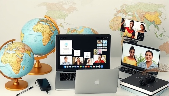 A virtual assistant surrounded by globes, travel guides, and digital devices, coordinating travel plans on a laptop screen while engaging with a diverse group of clients via video calls, illustrating seamless virtual concierge services for travelers.