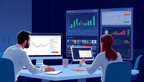 An illustrative depiction of the AuditWave team conducting a virtual audit for an e-commerce business, analyzing financial data on multiple screens and engaging with the client through a digital interface, symbolizing remote audit services tailored for online businesses.