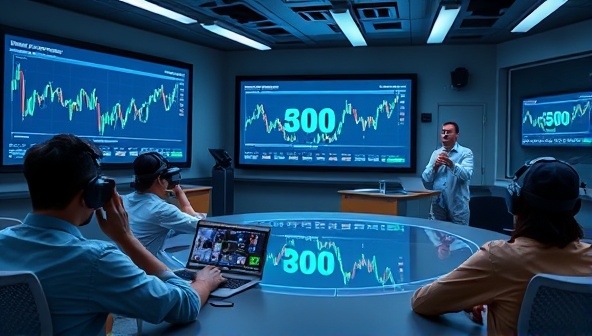 An engaging visual of a futuristic classroom setting with digital screens displaying cryptocurrency charts, students interacting with virtual reality headsets, and an instructor explaining blockchain concepts passionately, capturing the essence of cutting-edge crypto education.
