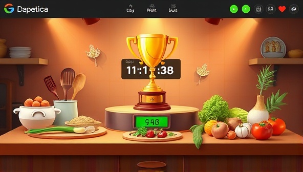 A dynamic platform interface featuring a countdown clock, cooking utensils, a trophy symbolizing victory, and a diverse array of culinary ingredients, conveying excitement, competition, and creative culinary expression in an online setting.