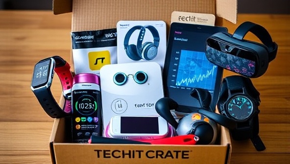 An appealing image of a TechFitCrate filled with wearable fitness trackers, smart workout equipment, virtual reality headsets, and a digital workout assistant displaying real-time performance metrics, illustrating the fusion of technology and fitness innovation within the subscription box.