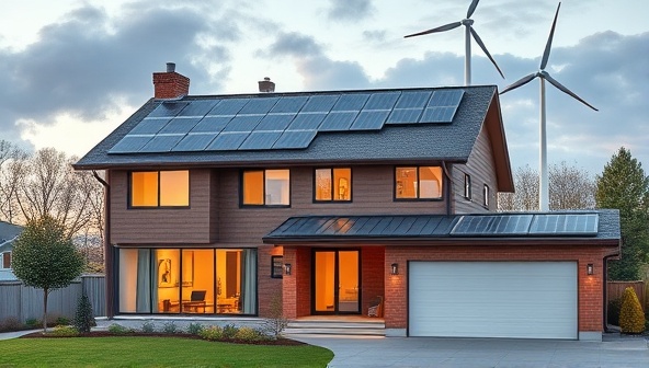 A modern suburban home with solar panels on the roof, wind turbines in the backyard, and smart energy-efficient devices inside, showcasing a sustainable and eco-friendly living environment.